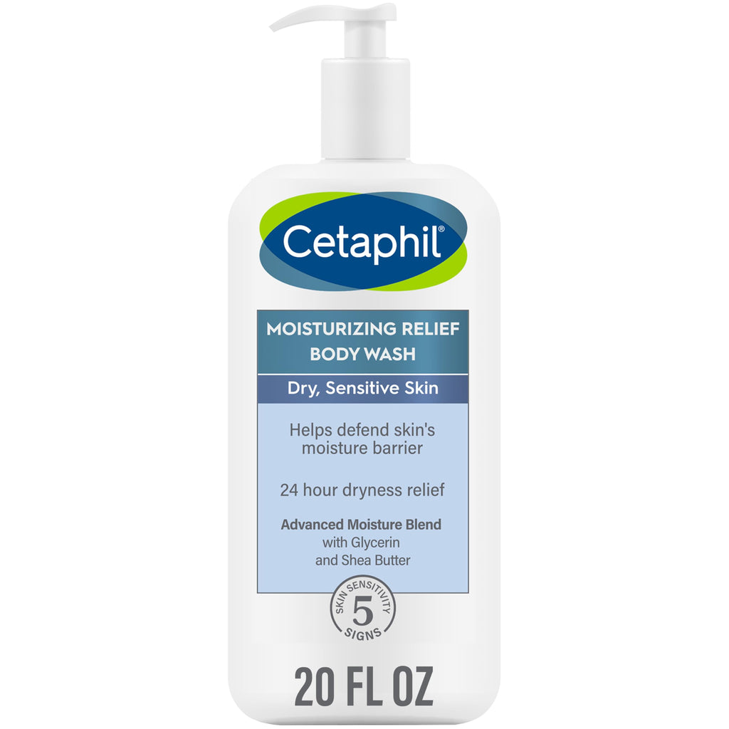 Cetaphil Body Wash, Moisturizing Relief Body Wash for Sensitive Skin, Creamy Rich Formula Gently Cleanses and Gives 24 Hour Relief to Dry Skin, Hypoallergenic, Fragrance Free, 20 oz