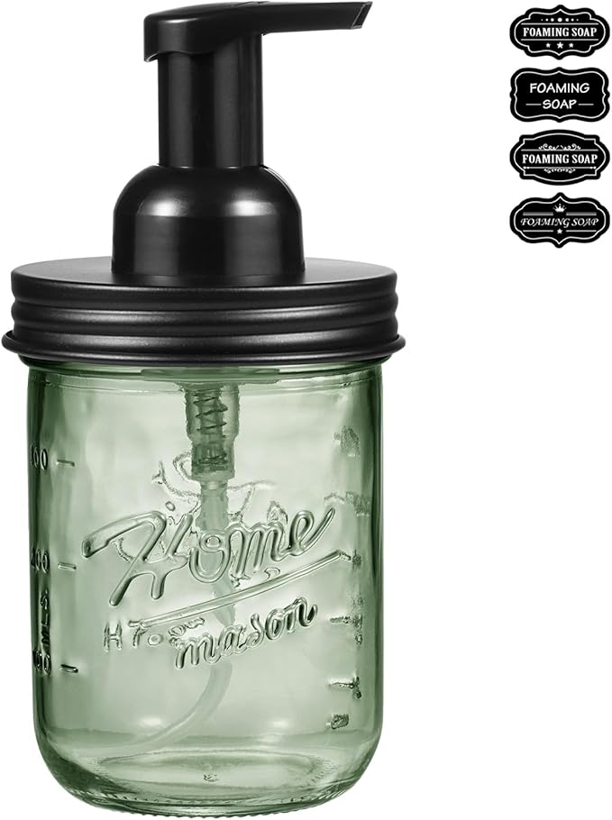 SheeChung Mason Jar Foaming Soap Dispenser, Stainless Steel Lid, BPA Free Pump, Green Glass Foam Hand Soap Dispenser, 16Oz Refillable Liquid Foam Dispenser Bottle for Bathroom Kitchen, Dish Soap-Black