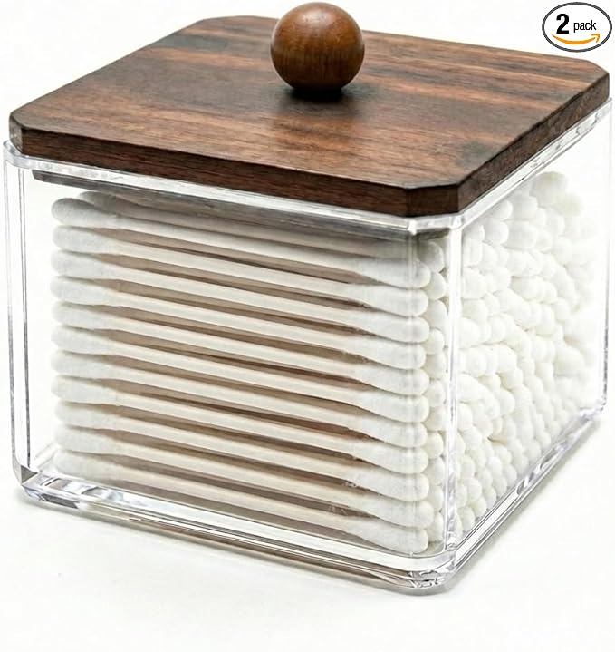 SheeChung Qtip Holder for Bathroom - Walnut Wood Lid Acrylic Cotton Swab Dispenser, Clear Apothecary Jar for Cotton Balls, Pads, Flossers, Farmhouse Vanity Storage Organizer (1 pack)