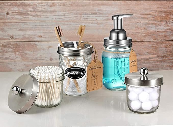 Amolliar Mason Jar Foaming Soap Dispenser Pump Lids, Rustproof Stainless Steel Lid Plastic Pump for Regular Mouth Mason Jar, Kitchen Bathroom Farmhouse Decor, Waterproof Stickers, Brushed Nickel 2Pack