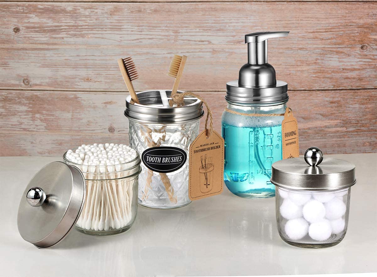 Amolliar Mason Jar Foaming Soap Dispenser Pump Lids, Rustproof Stainless Steel Lid Plastic Pump for Regular Mouth Mason Jar, Kitchen Bathroom Farmhouse Decor, Waterproof Stickers, Brushed Nickel 2Pack
