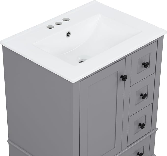 Bellemave 24" Bathroom Vanity with Sink Combo Set, Solid Wood Frame Bathroom Storage Cabinet with 3 Drawers, Soft Closing Cabinet Door with Organizer, Grey