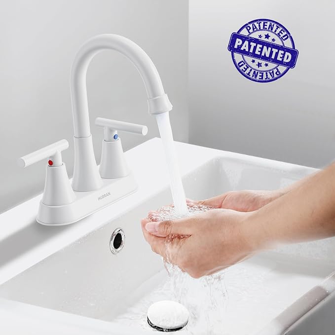 Bathroom Faucets for Sink 3 Hole, Hurran 4 inch Bathroom Sink Faucet with Pop-up Drain and Supply Hoses, Stainless Steel Lead-Free Centerset Faucets for Sink Vanity RV, White