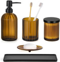 Shinowa Glass Bathroom Accessories Set, 5 Piece Luxury Bathroom Set with Soap Dispenser, Toothbrush Holder, Qtip Holder with Lid, Soap Dish & Tray, Modern Vanity Countertop Organizer, Brown + Black