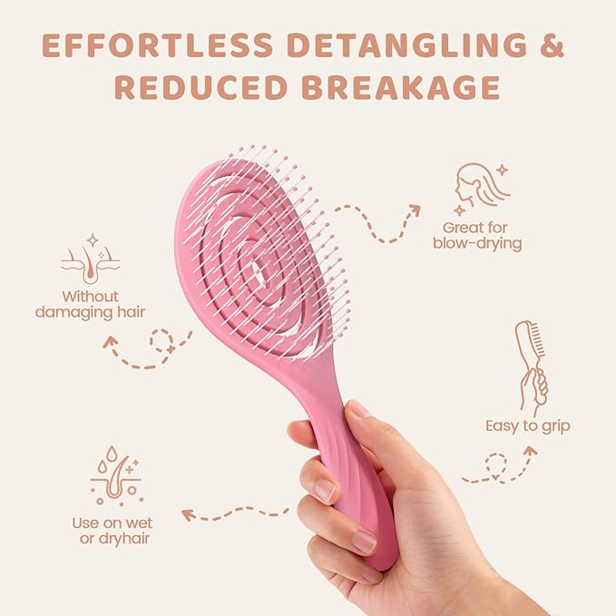 SHINLEA Detangle Hair Brush, Detangling Wet Spiral Hairbrush for Women, Men, kids, Vented Detangler for Blow Drying, Glide Through Tangles For All Hair Types (Pink)