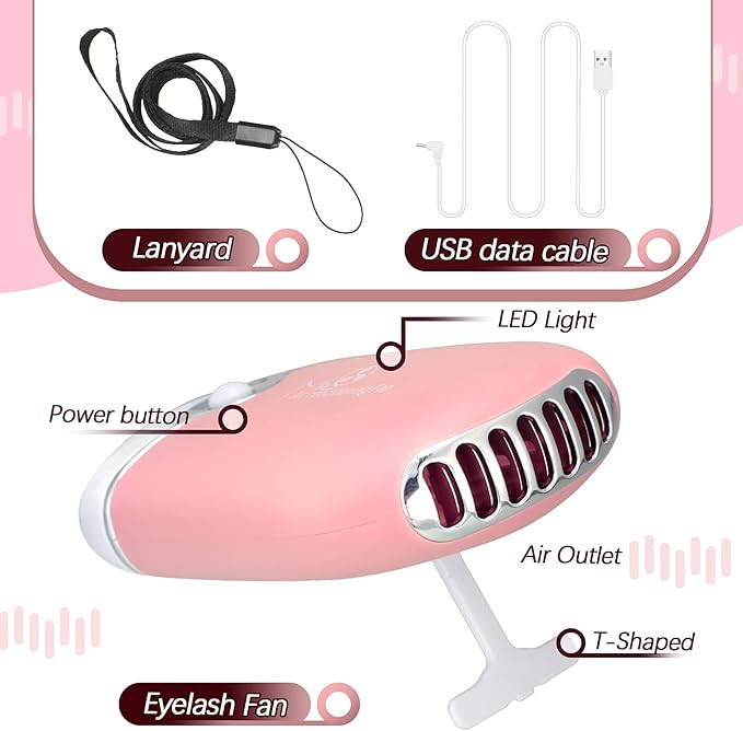 Honoson 3 Pcs Nano Mister for Lash Extensions Mini USB Lash Fan Dryer for Eyelash Extensions Handheld Eyelash Mirror Portable Facial Steamer 20 ml Water Tank(Heart Style,Pink)