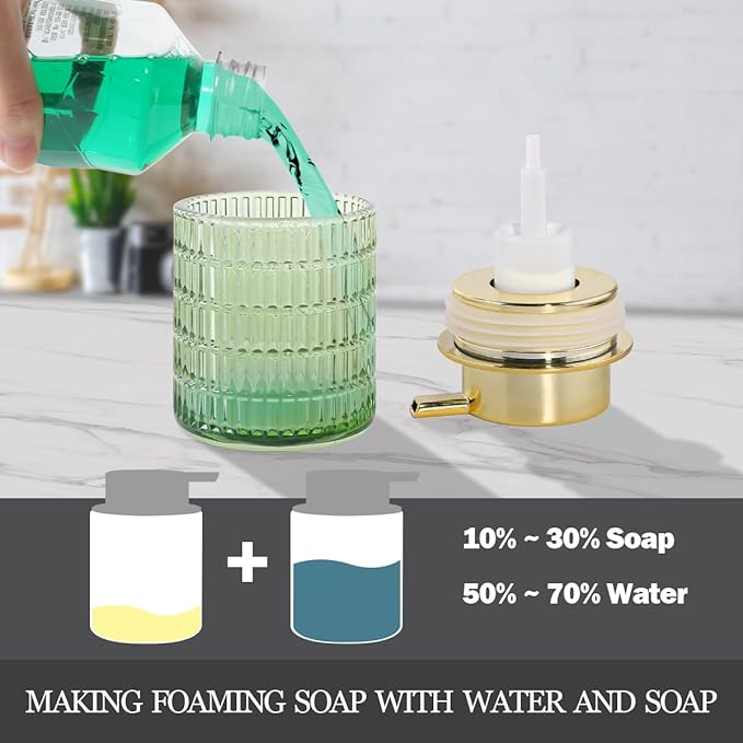 Tonxus Foam Soap Dispenser, Green Glass Foaming Soap Dispenser, 10 Oz Refillable Hand Soap Dispenser Liquid Lotion Pump Container Ribbed Bottle for Bathroom Countertop Decor
