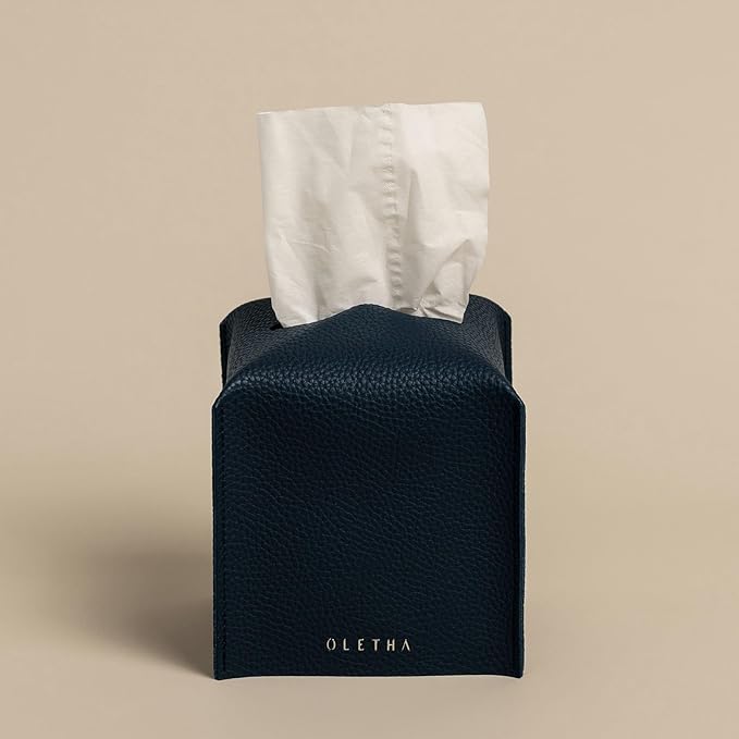 OLETHA Square Tissue Box Cover - Aesthetic Desk Decor for Room, Home & Office - Tissues Cube Boxes Holder - Navy Blue