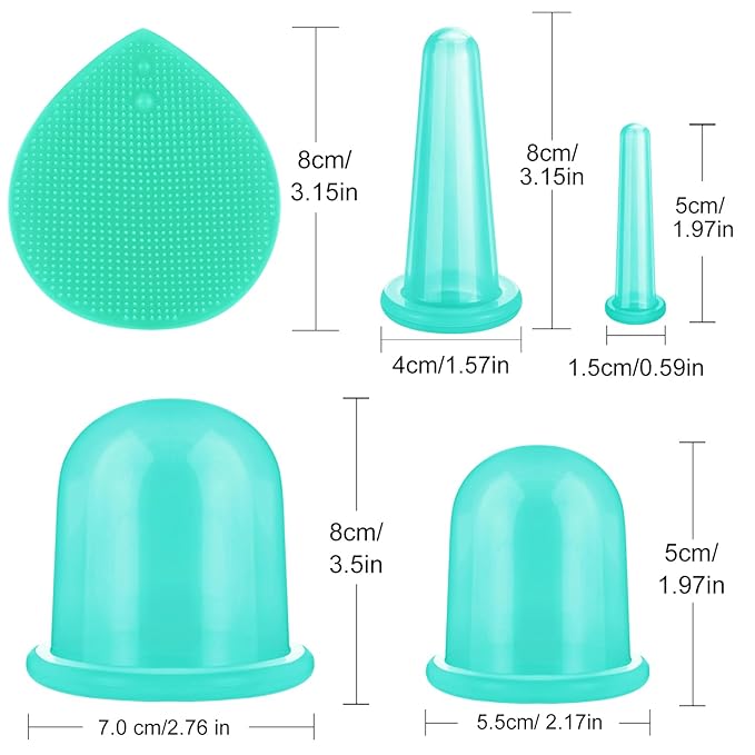 BBTO Silicone Facial Cupping Set, Vacuum Massage Cup Kit for Body, Face, Neck, Back, and Eye, 6 Cups and Exfoliating Brush (Mint Green)