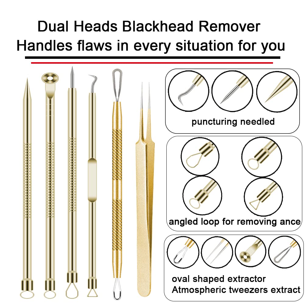 Pimple Popper Tool Kit 6 Pcs Blackhead Remover Acne Needle Tools Set Removing Treatment Comedone Whitehead Popping Zit for Nose Face Skin Blemish Extractor Tool - Gold