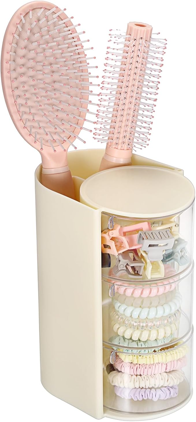 GUSHBIN Plastic Hair Accessories Organizer with Hair Brush Holder Spinning Makeup Storage Container for Vanity Bathroom Countertop, 3-Layer Yellow