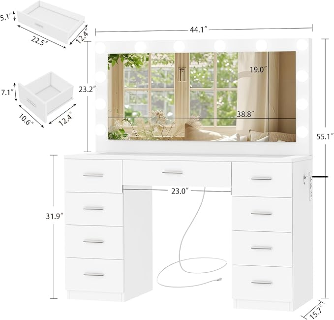 Quimoo Vanity Desk with Glass Top & Large Lights Mirror, 3 Adjustable Lighting Color, 44" Makeup Vanity Desk with 9 Drawers and 12 LED Lights, Vanity Table, Dressing Table for Bedroom(White)