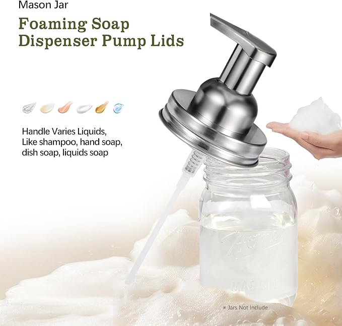 Amolliar Mason Jar Foaming Soap Dispenser Lids, Plastic Foam Pump Lids for Regular Mouth, Foaming Replacement Pump Set, Farmhouse Kitchen BathroomShower, Includes Waterproof Stickers - 2 Pack, Silver