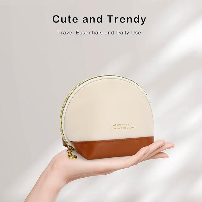 JINSI Small Makeup Bag Travel Cosmetic Bag Toiletry Zipper Pouch Make Up Organizer Bag with Handle Purse for Women Soft PU Leather Skincare Case (S01-Beige)