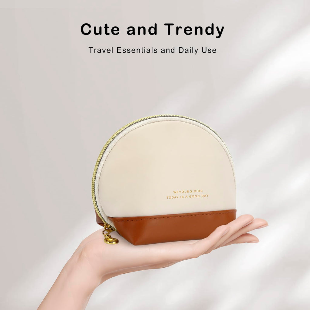 JINSI Small Makeup Bag Travel Cosmetic Bag Toiletry Zipper Pouch Make Up Organizer Bag with Handle Purse for Women Soft PU Leather Skincare Case (S01-Beige)