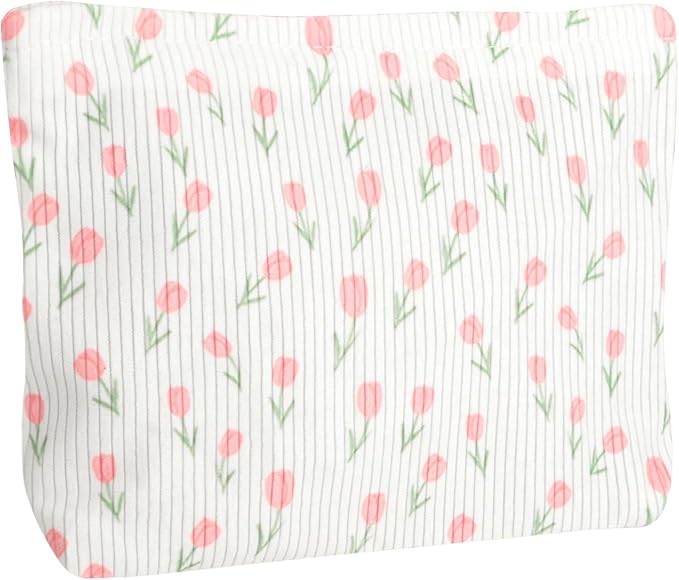 Ksriylm Cute Floral Makeup Pouch for Women Small Make Up Bag for Purse Zipper Initial Makeup Cosmetic Bags Pouches for Purse Aesthetic Travel Toiletry Bags, Pink Rose