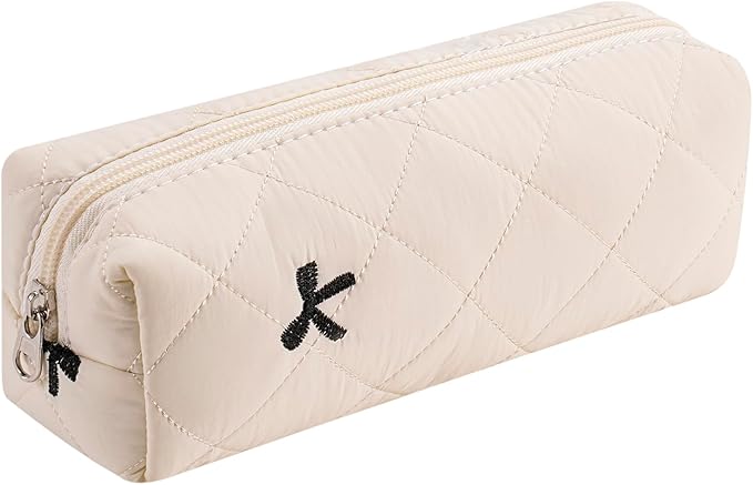 HHQQWZ Cute Floral Cotton Makeup Brush Cosmetic Bag for Women, Travel Quilted Zipper Make Up Bag, Flowers Toiletry Organizer Case Kawaii Makeup Cosmetic Travel Cloth Pouch (Beige)