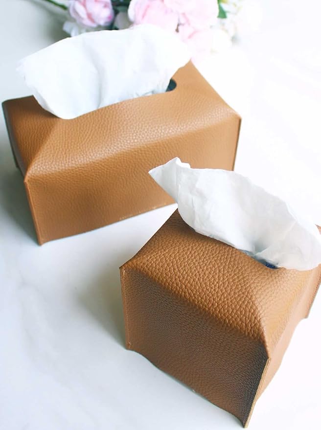 Tissue Box Holder Tissue Cover – Square Faux Leather Tissue Box Cover with Bottom Belt [JESMINI, Camel Brown] Tissues Cube Box Cover for Bathroom/Night Stands/Office