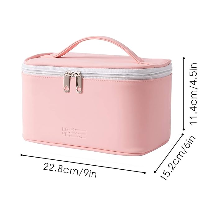Meiyuuo Travel Makeup Bag for Women, PU Leather Cosmetic Bag, Light Pink