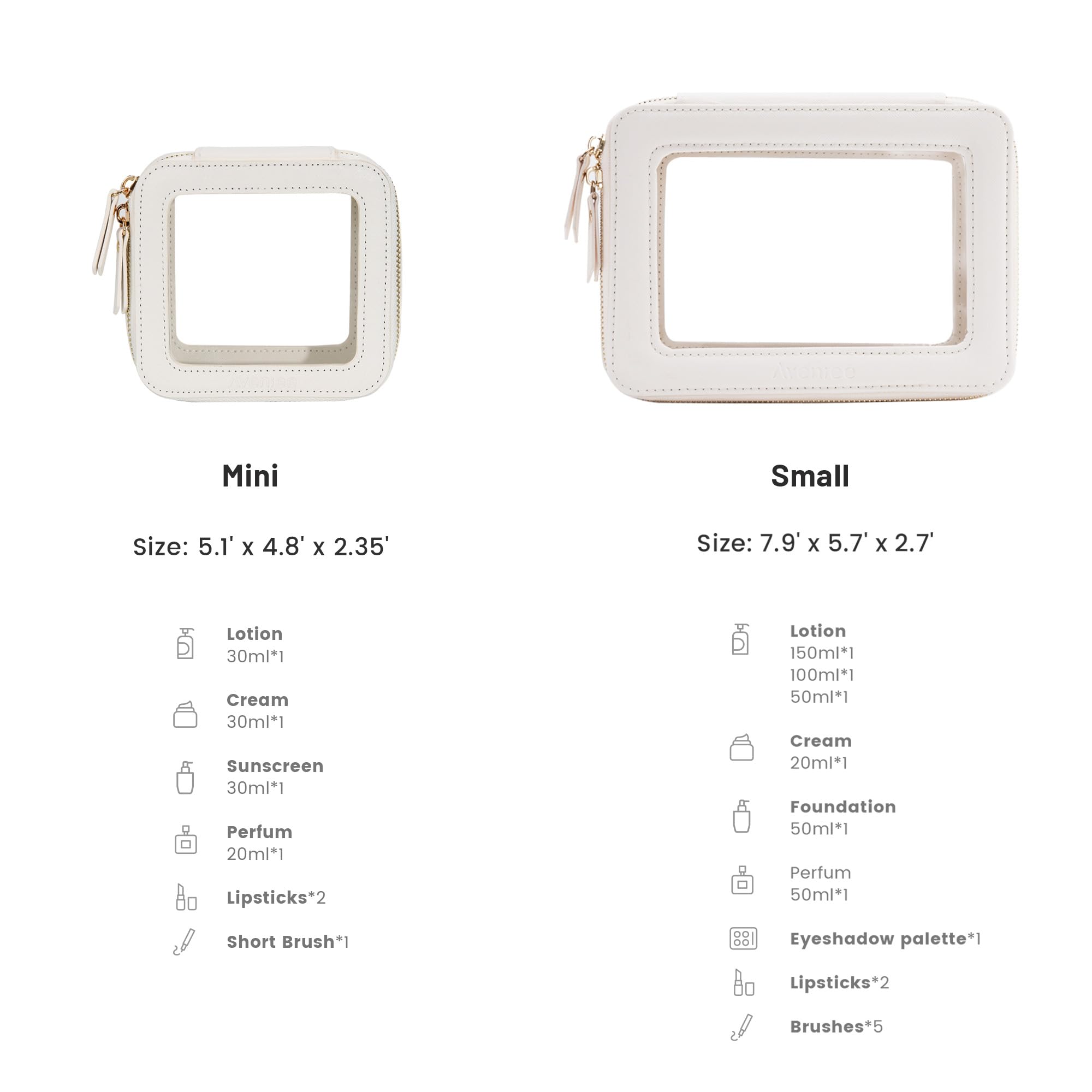 Aveniee Clear Makeup Bag Set (2-Piece Mini & Midi) - Travel Toiletry Organizer for Women, Waterproof Cosmetic Pouch & Car Accessory for Travel Size Toiletries, White