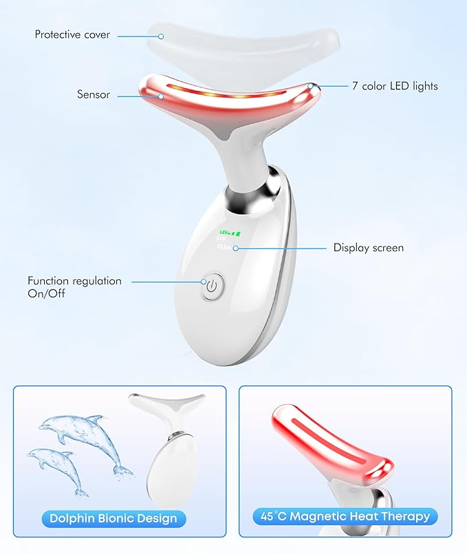 SDKWDH Red Light Therapy for Face and Neck, 7 Color Face Massager Tool for Wrinkles, Double Chin, Vibrating Facial Massager with Thermals for Skin Care, Gifts for Women Men, Glossy White