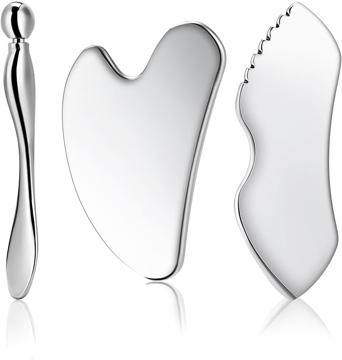 TANGZHIFEIYUE Gua Sha Facial Tools, 3 in 1 Stainless Steel Metal Guasha & Eye Cream Applicator Facial Sculpting Tool Set Eye Massager Lymphatic Drainage for Face Neck (Plastic Box 3, Count, 3)