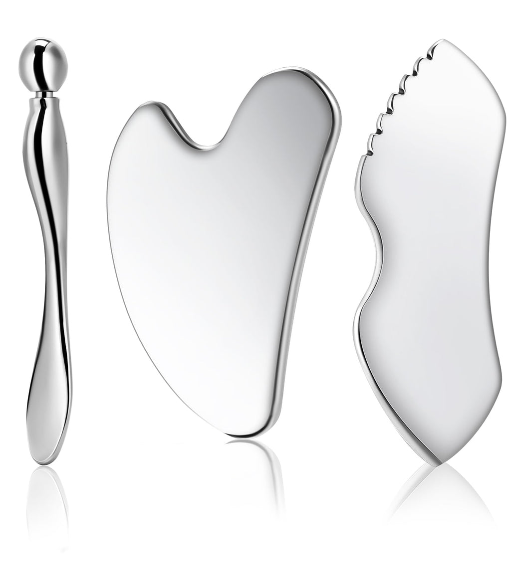 Gua Sha Facial Tools, 3 in 1 Stainless Steel Metal Guasha & Eye Cream Applicator Facial Sculpting Tool Set Eye Massager Lymphatic Drainage for Face Neck (Gift Box Set)(Boxed 2, Count, 3)