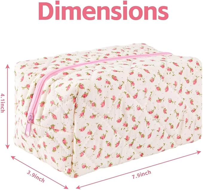 MZLUWM Floral Makeup Bag,Floral Quilted Makeup Pouch,Large Cosmetic Bag,Fashionable Travel Makeup Pouch, Cute Pink Makeup Bag,Puffy Coquette Make up Bag, Attractive Quilted Make up Bag