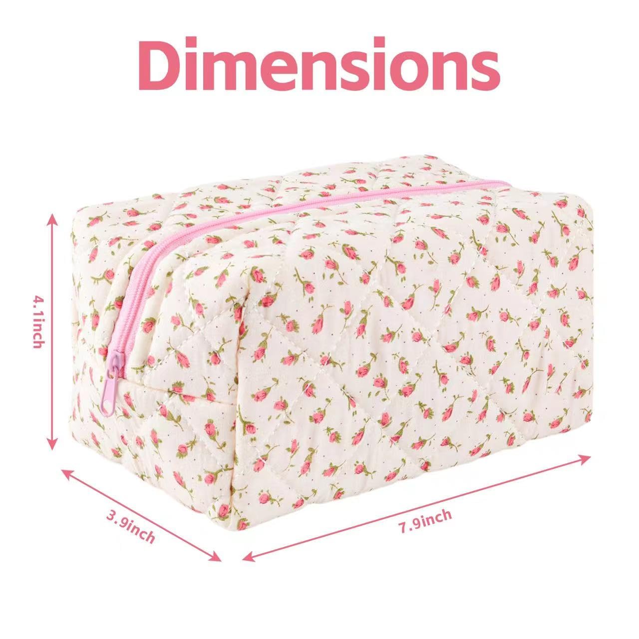 MZLUWM Floral Makeup Bag,Floral Quilted Makeup Pouch,Large Cosmetic Bag,Fashionable Travel Makeup Pouch, Cute Pink Makeup Bag,Puffy Coquette Make up Bag, Attractive Quilted Make up Bag