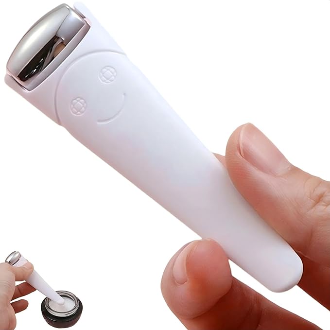 KINTEGOOD Mini Ice Roller for Face and Eyes, Portable Stainless Steel Facial Massage Tool with Cream Spoon for Travel, Dark Circles and Puffiness Relief, White