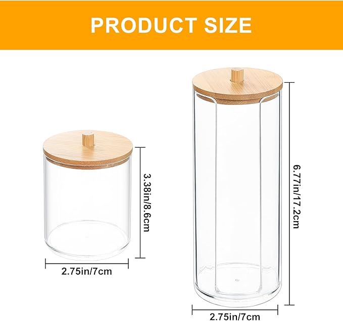 Fulushouxi 2 Pcs Qtip Holder, Cotton Pads Balls Dispenser Holders, Clear Cotton Swab Makeup Canister, Apothecary Jar Holder Organizer with Bamboo Lid for Bathroom Tabletop Vanity Makeup Storage Box