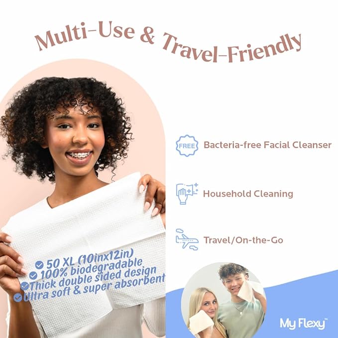 Disposable Biodegradable Face Towels XL for Skin Care & Makeup Remover Dry Wipes, Clean Facial Towel, Hypoallerganic Wash Cloth, Clean Face Towels, Ultra Soft & Absorbent Dry Wipe, Hygienic Towelettes