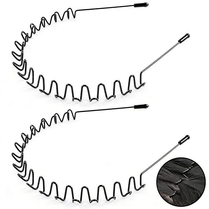 2-Pack Metal Headbands for Men & Women - Wavy Grip, Adjustable & Non-Slip for Sports, Running, Workouts and Daily Grooming