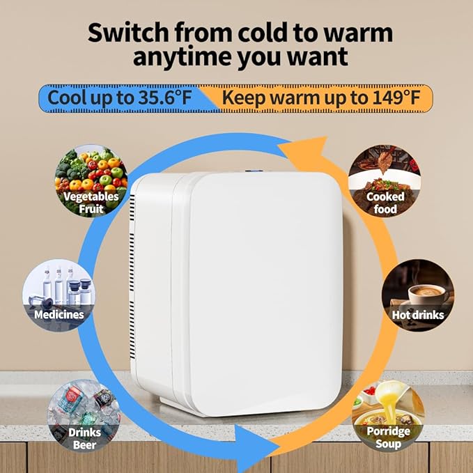JrostKault Mini Fridge for Bedroom - 10 Liter/15 Can Portable Refrigerator for Dorm, Office, Car - Quiet Cooler & Warmer for Food, Drinks, Makeup & Skincare - AC/DC Power Supply