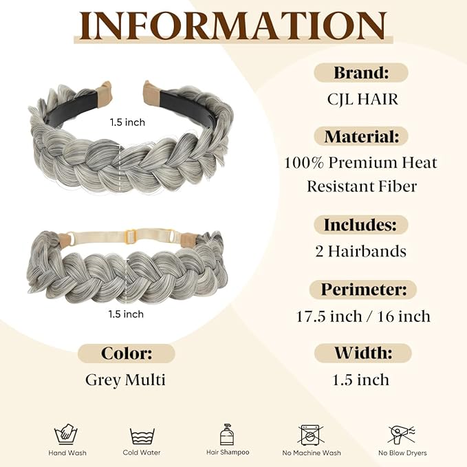 CJL HAIR 2PCs Braided Headbands Hair Piece for Women Synthetic Hair Hoops Head Bands Handmade Braid Hairband Accessories Elastic Stretch Headwrap Grey Multi