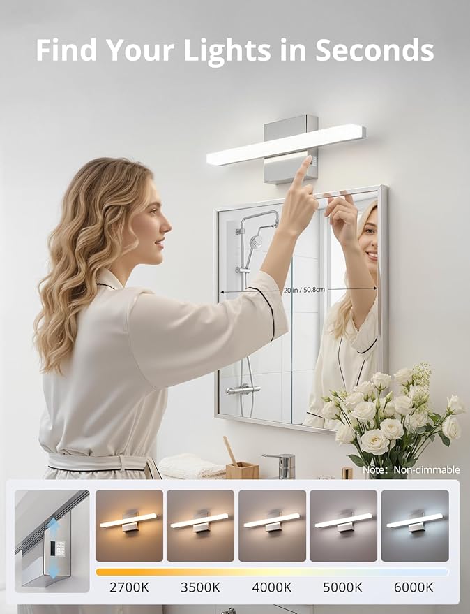 Combuh Modern Bathroom Light Fixtures Over Mirror 5 Colors Adjustable, Chrome 16 inch Led Vanity Lighting Bar Glare Free Bright IP44 Waterproof Sleek Look Small Space Wall Mount for Makeup Shaving