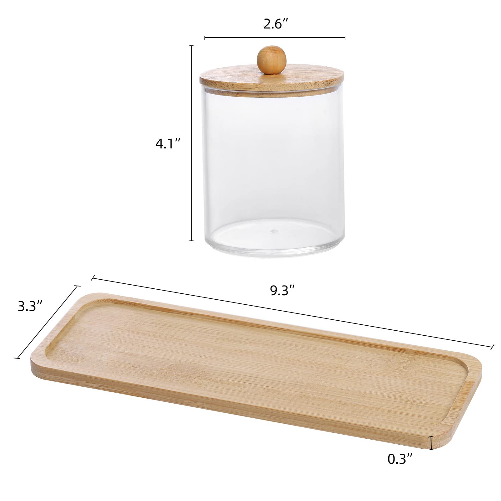Tbestmax 10 Oz Cotton Swab/Ball/Pad Holder with Vanity Tray, Qtip Apothecary Jar, Clear Bathroom Containers Dispenser for Storage 3 Pack Wood Lids