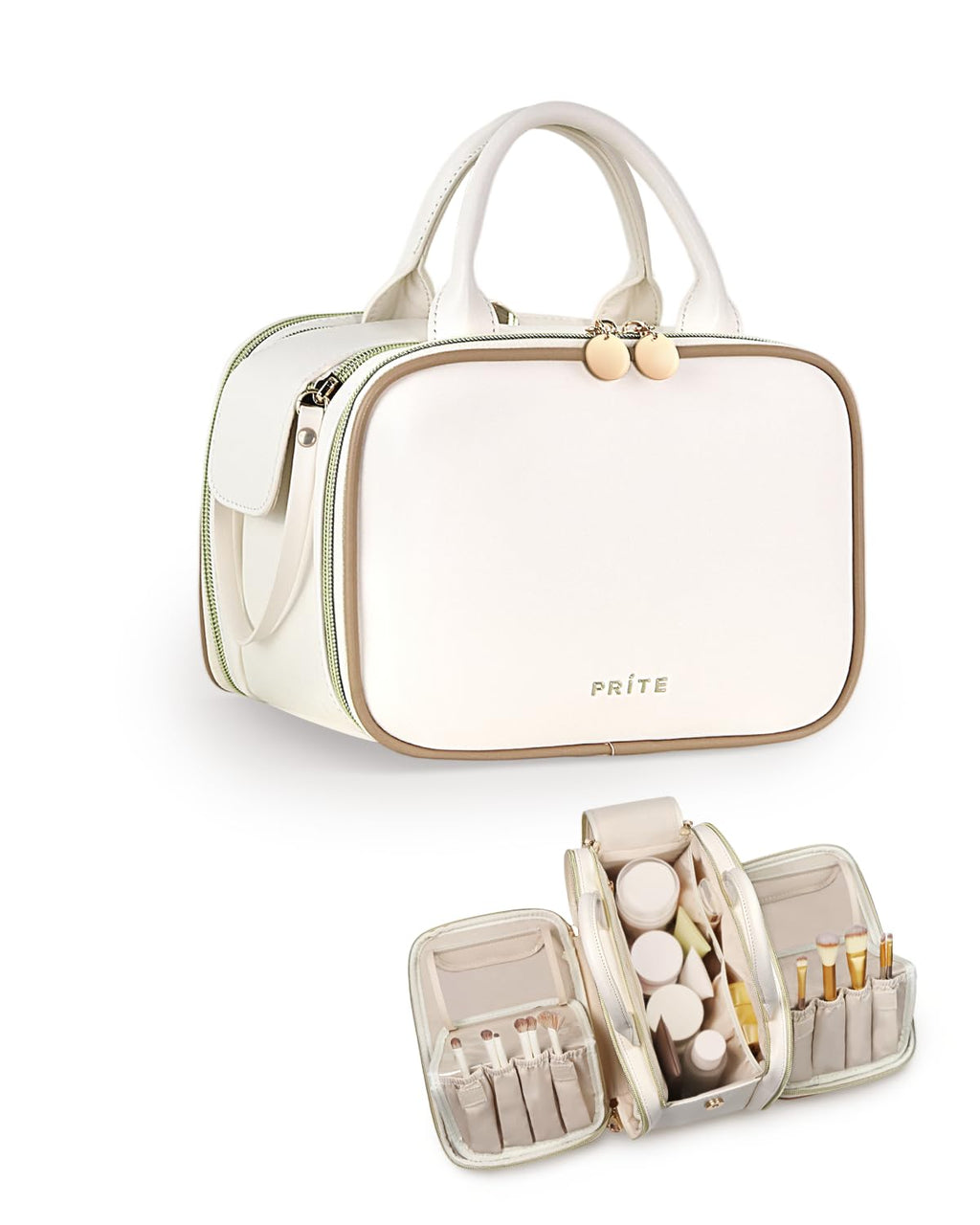 Prite Large Makeup Bag, Waterproof Travel Cosmetic Case with Brush Holder