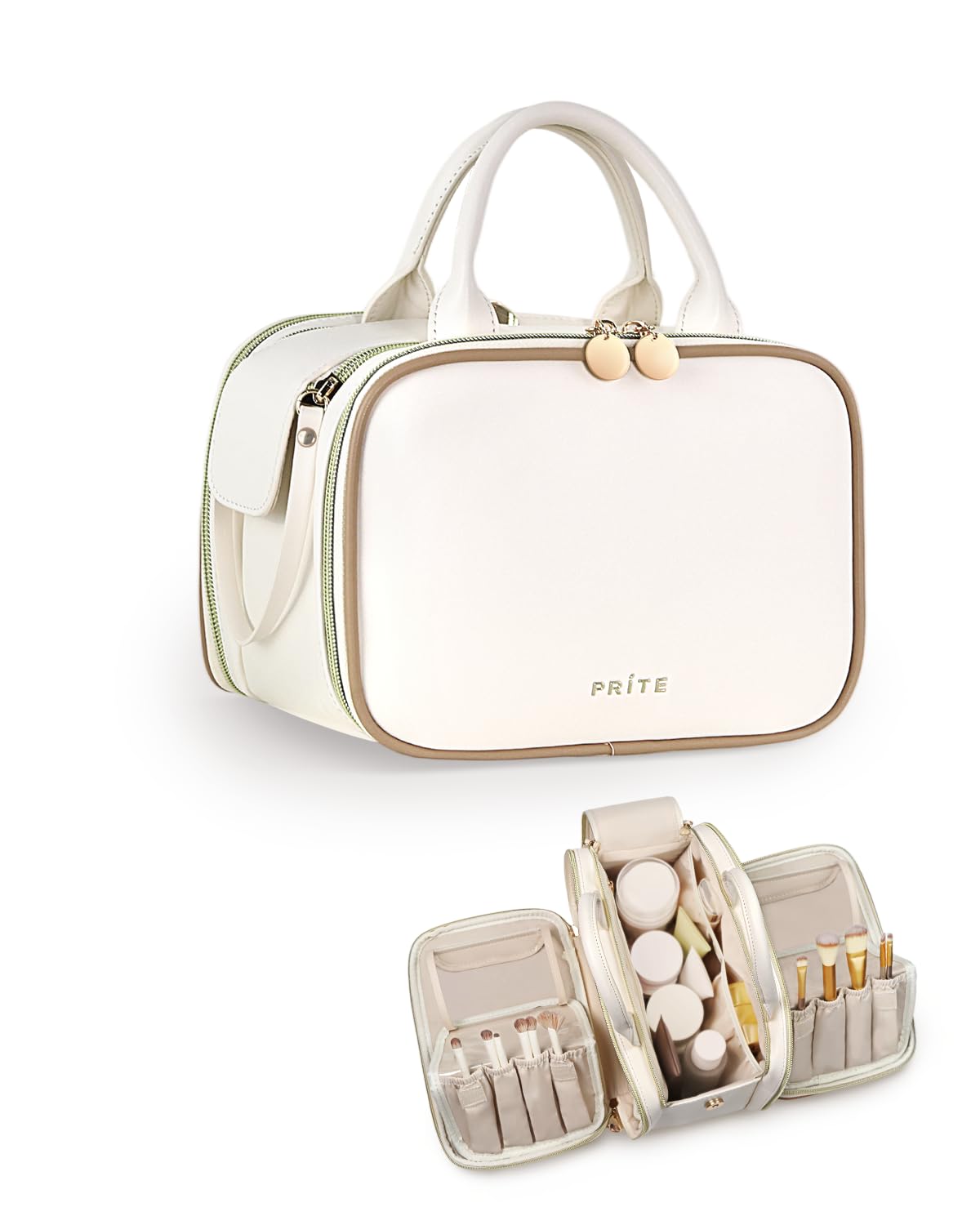 Prite Large Makeup Bag, Waterproof Travel Cosmetic Case with Brush Holder