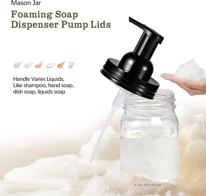 Amolliar Mason Jar Foaming Soap Dispenser Lids, Plastic Foam Pump Lids for Regular Mouth, Foaming Replacement Pump Set, Farmhouse Kitchen BathroomShower, Includes Waterproof Stickers - 2 Pack, Black