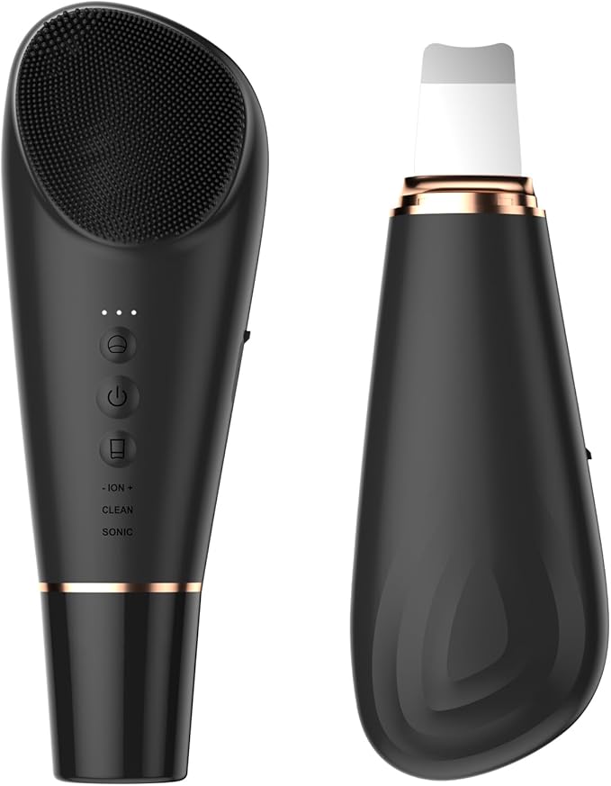 Stepcare Silicone Face Scrubber Blackhead Scraper Rechargeable 2-in-1 Facial Cleansing Brush & Skin Spatula Duo, IPX7 Waterproof Exfoliating Massager Deep Cleansing for Women and Men(Black)