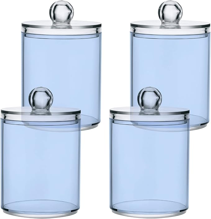 Light Steel Blue Qtip Holder Organizer Dispenser Cotton Swabs Cans Plastic Jars with Lid Set 4 Pack Bathroom Storage Canister for Cotton Ball Floss Cotton Pads