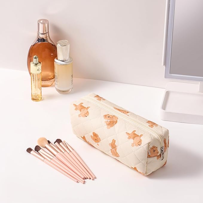WHHJM Cute Floral Makeup Brush Bag Small Cotton Quilted Cosmetic Bag for Women Travel Toiletry Zipper Make Up Pouch (Little dog)