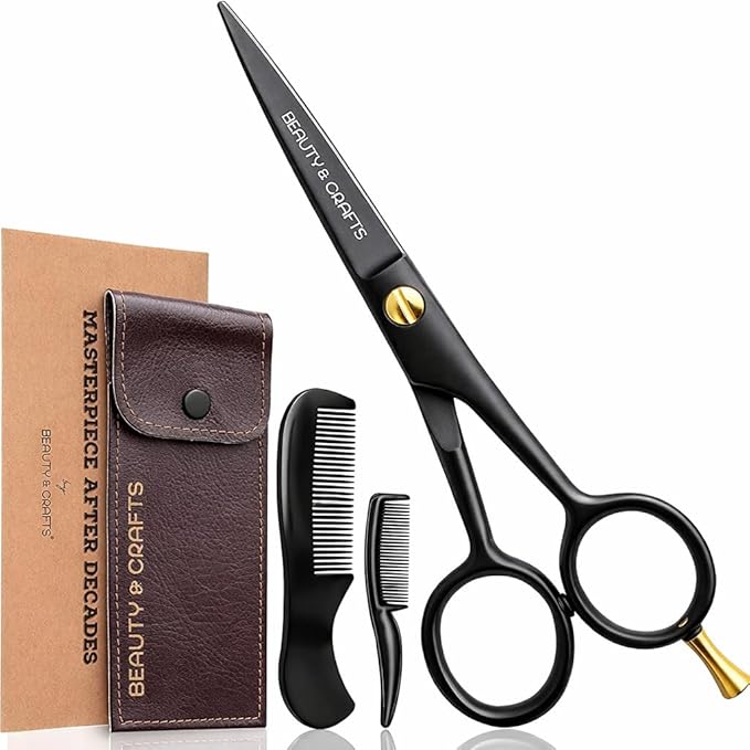 5'' German Beard Mustache Scissor- 2 Mustache Combs for Facial Hair with Beautiful Pouch -Beard Trimming Scissors for Grooming, Cutting, and Styling of Mustache (Black with Folding Comb)