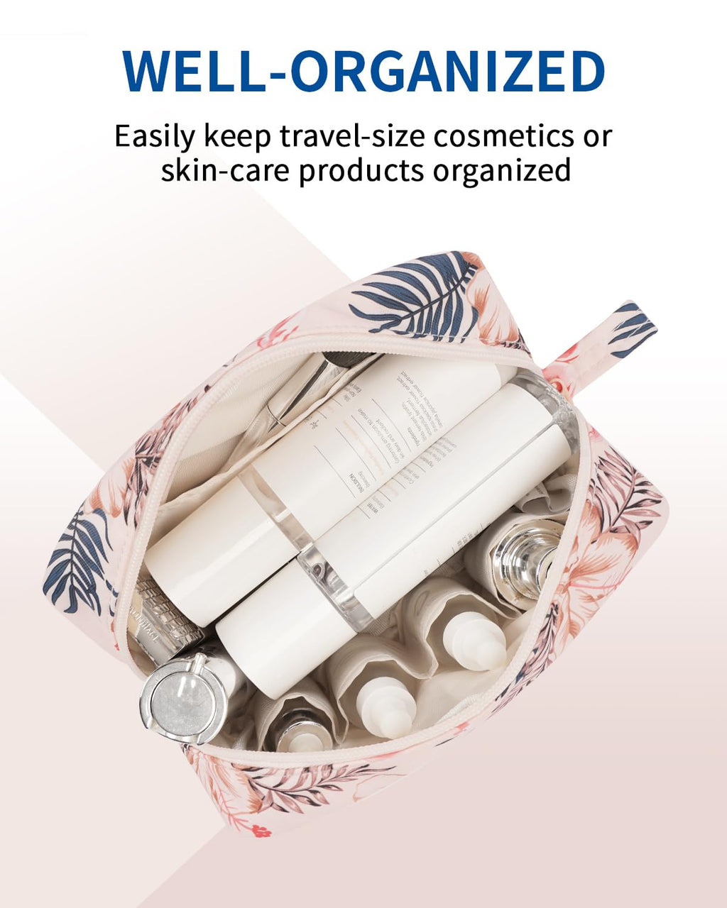 Narwey Cute Makeup Bag Small Toiletry Bag Travel Cosmetic Bag Organizer Make Up Bags with Organized Pockets for Women (Beige Flamingo, Large)