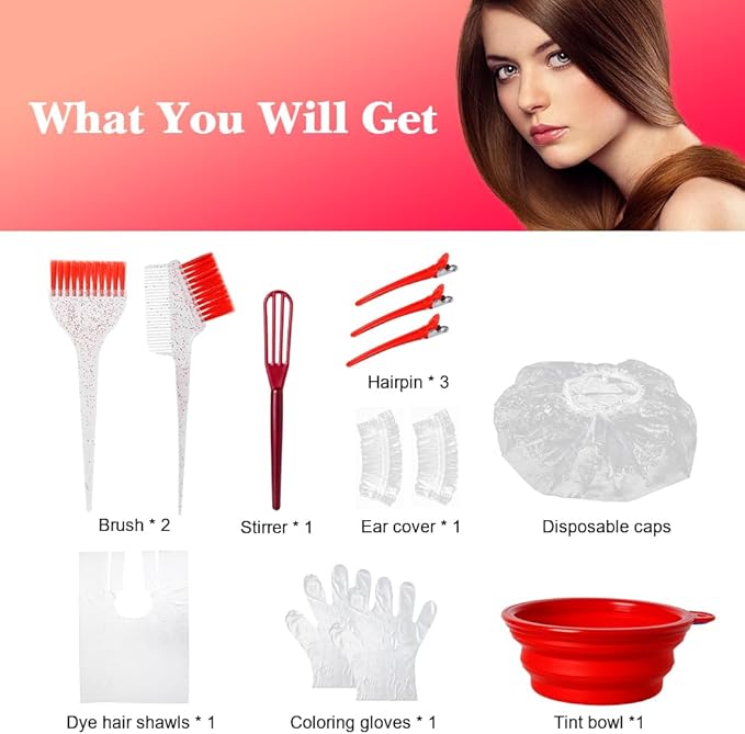 MOONMINI Hair Dye Color Brush and Bowl Set, Color Bowl Brushes Tool Mixing Bowl Kit Tint Comb for Hair Tint Dying Coloring Applicator (Red&Clear)