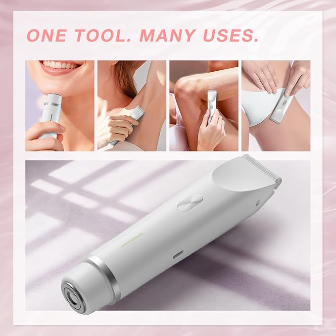 Bikini Trimmer for Women, Dual-Head Electric Body Hair Trimmer for Sensitive Areas, IP67 Waterproof Rinsable, USB-C Rechargeable Groomer for Bikini Line, Underarms, Legs & Face (Pure White)