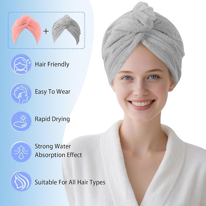 Microfiber Hair Drying Towel Wrap for Women, Hair Turbans Towel for Wet Hair,turbie Twist Hair Towels(The Color of the Picture is for Reference only) (Pink，Gray)