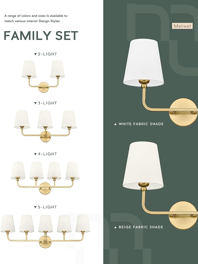 4-Light Bathroom Light Fixtures, Brushed Gold Vanity Lights with Flared Beige Fabric Shade, 28 Inch Wall Sconce, Vintage Sconces Wall Lighting for Hallway Bedroom, VL837-BG-B-4