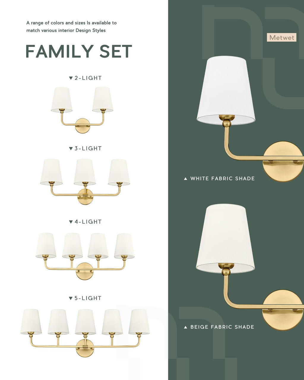 METWET 5-Light Brushed Gold Bathroom Vanity Light, Beige Fabric Shades